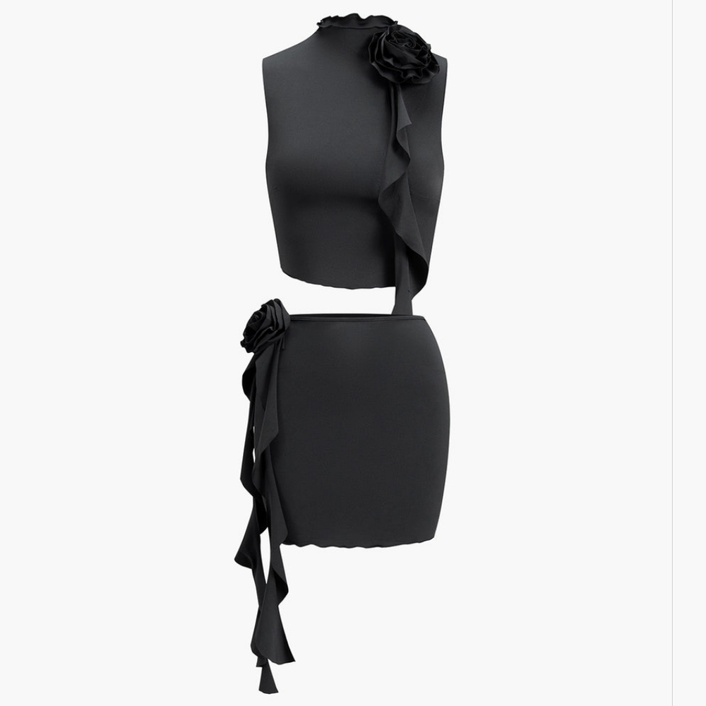 Commense Black Skirt Set with Floral Detail
